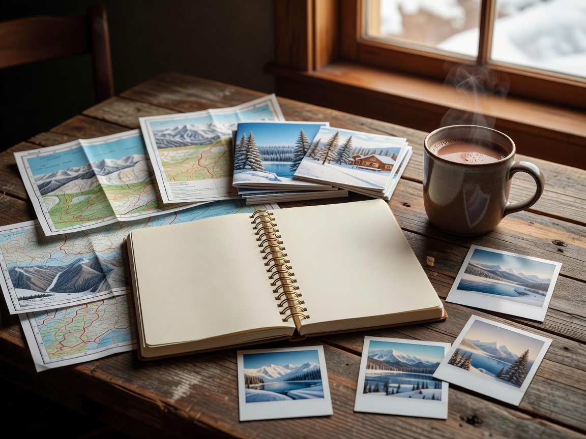 Notebook and winter travel planning materials beside a warm drink