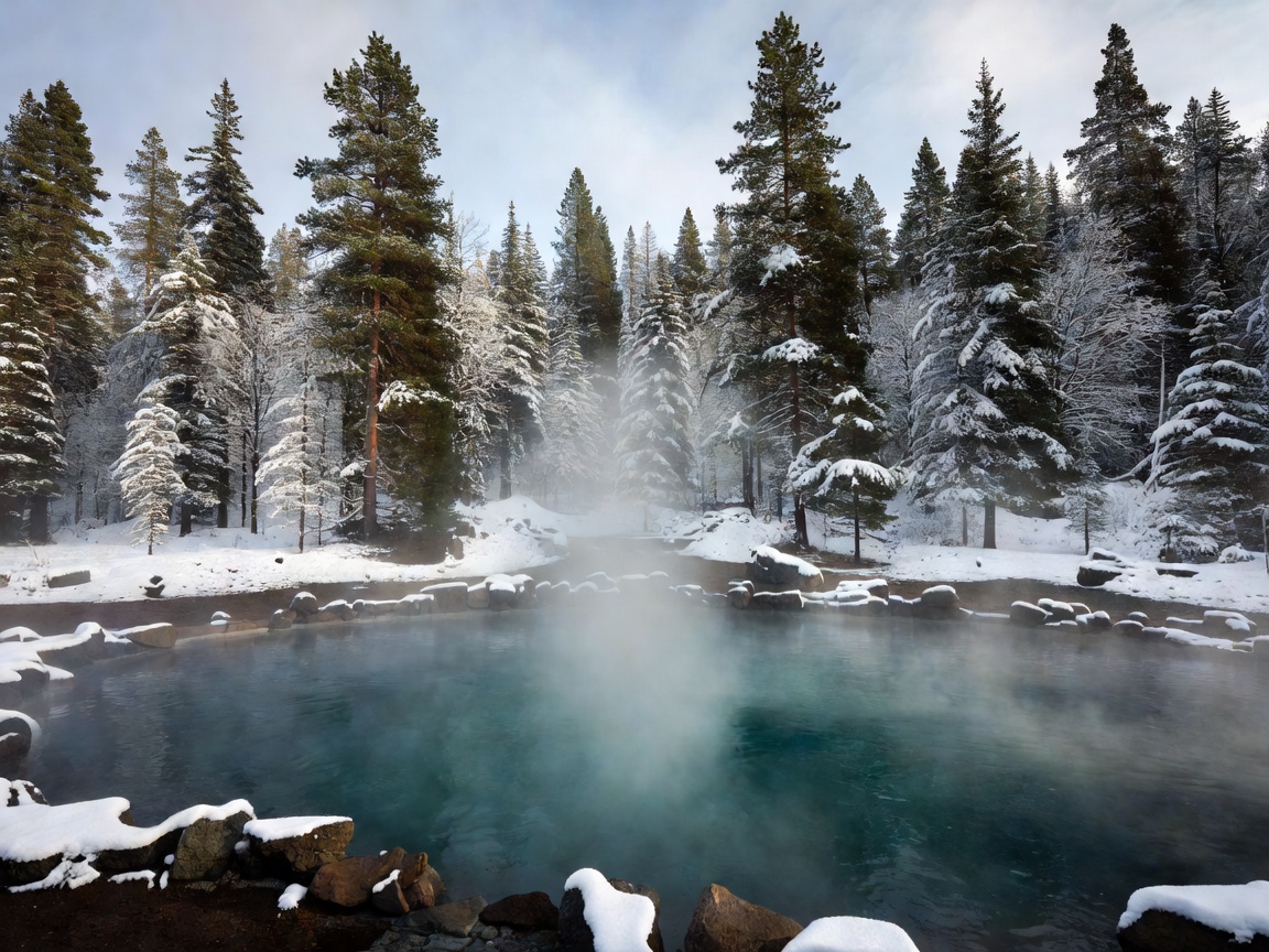 Outdoor thermal pool with steam beside a snowy forest