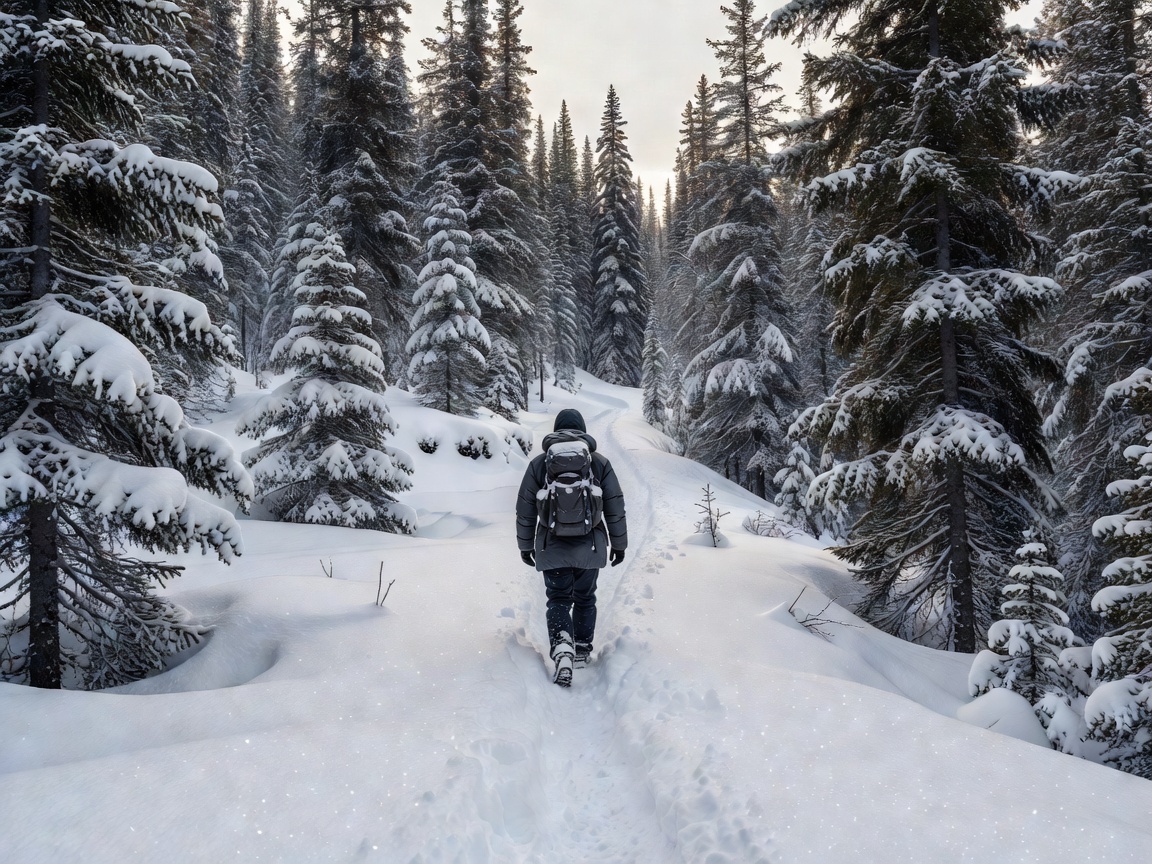 Person walking on a snowy alpine trail among evergreen trees
