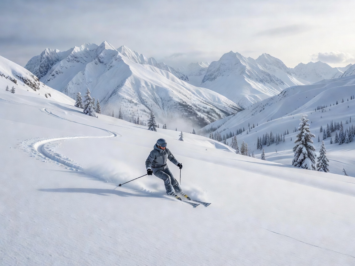 Skier moving through a quiet snow-covered mountain landscape