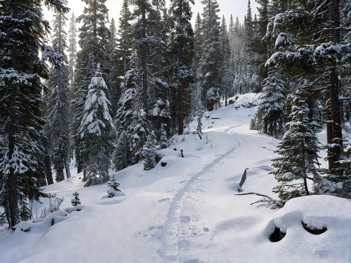 Snowshoe trail curving through an alpine forest in winter