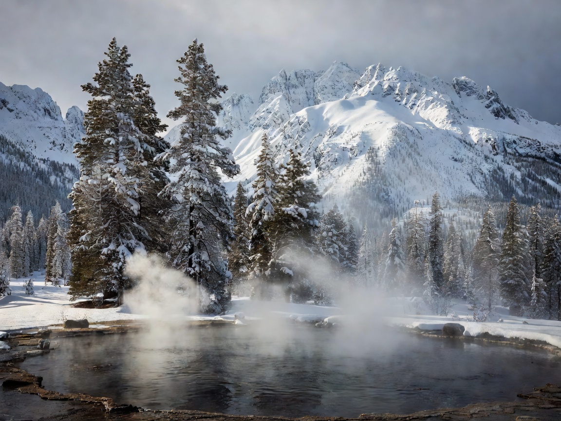 Steam rising from a warm pool beside snowy mountain trees