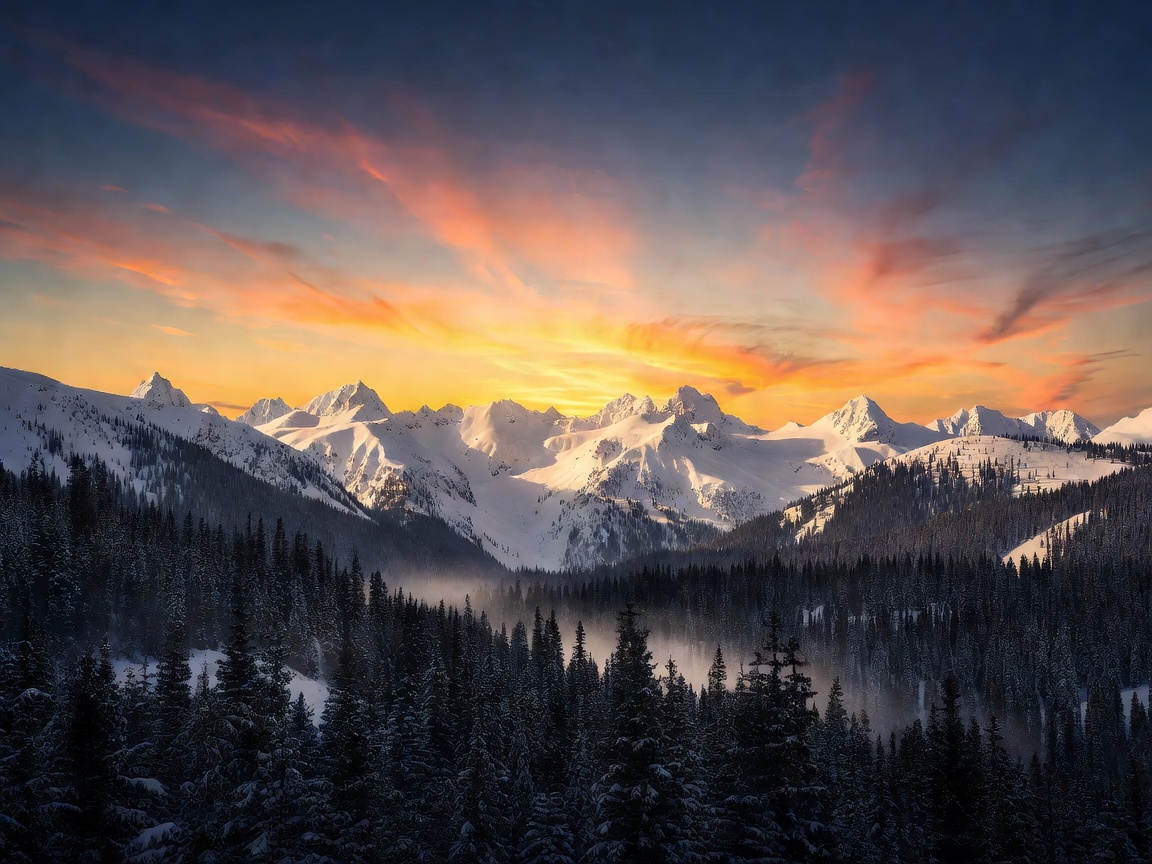 Sunrise over snowy alpine mountains and dark forest