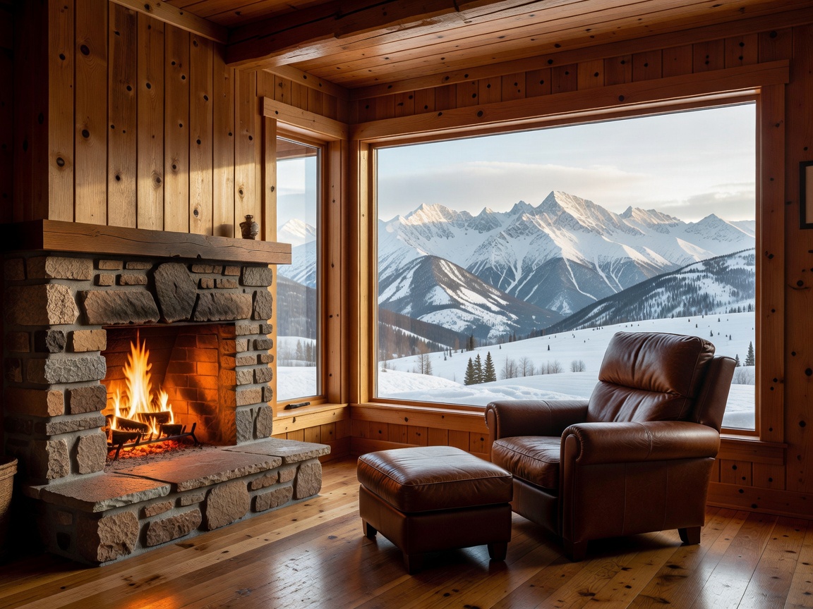 Warm timber interior with a view of snowy mountains
