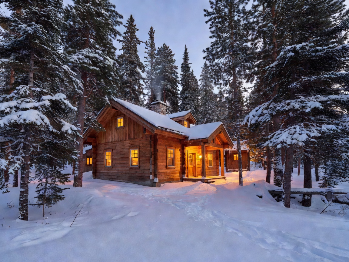Warm timber mountain accommodation glowing beside snowy trees