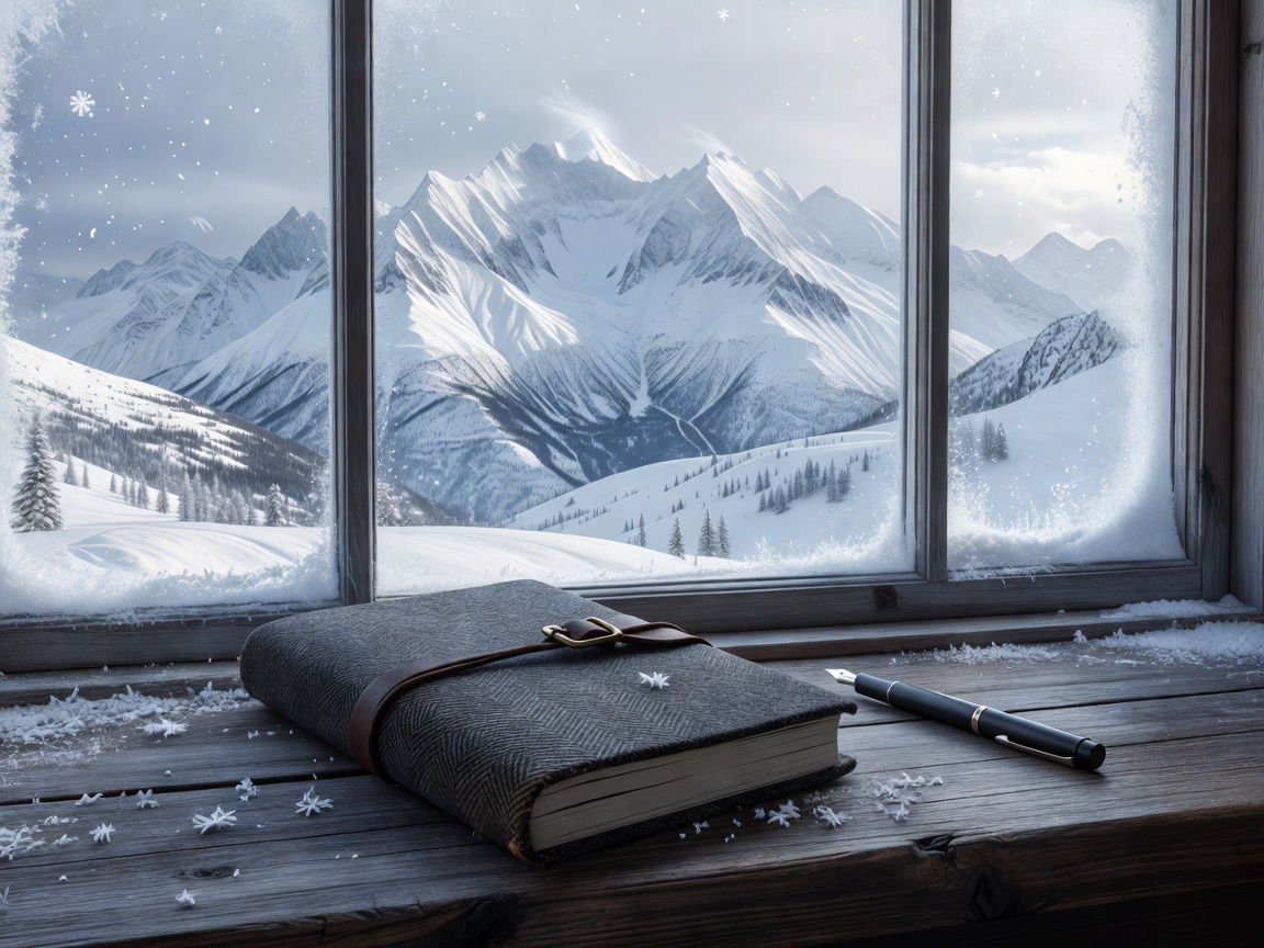 Winter planning notebook beside a window overlooking snowy mountains